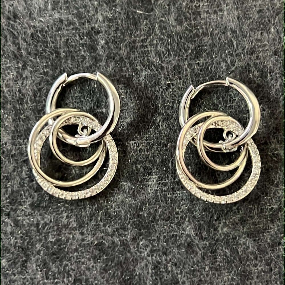 Concentric Triplet Circles Dangling Rhinestone Hoop Earrings